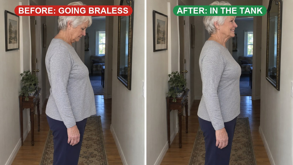 Same woman from the side: braless with her top tenting out, then lifted and smooth in the tank
