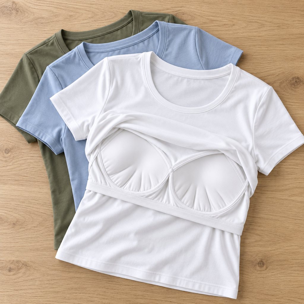 Built-in bra T-shirts in white, soft blue and olive